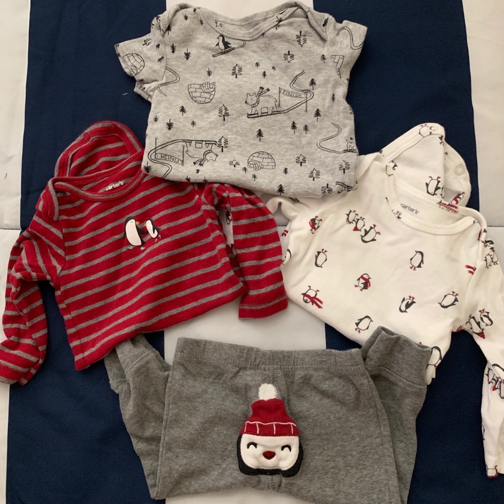 Penguin and winter theme onesie outfits